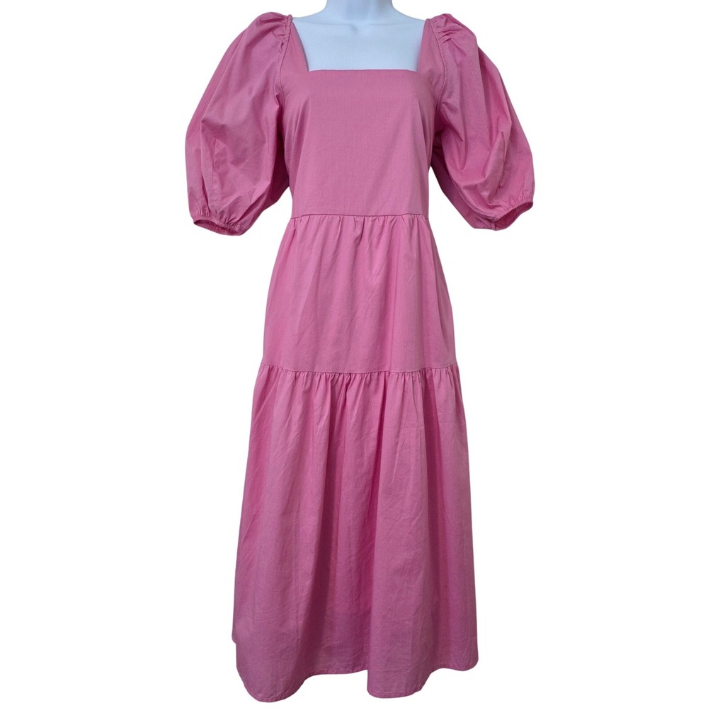 Moon River Tiered Puff Sleeve Open Back Midi Dress Sz S Pink‎ Square Princess